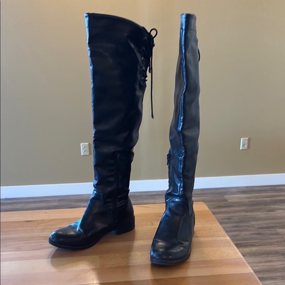 Sleek Black Over the Knee Boots with Adjustable Lace-Up
